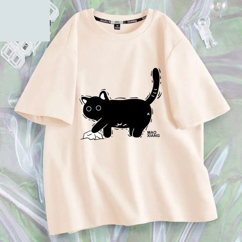 Camiseta de manga corta con Gato Negro para mujer, ropa Y2k, diseño Sense nicho Ins, Tops de algodón puro verde claro a la moda, camisetas para mujer