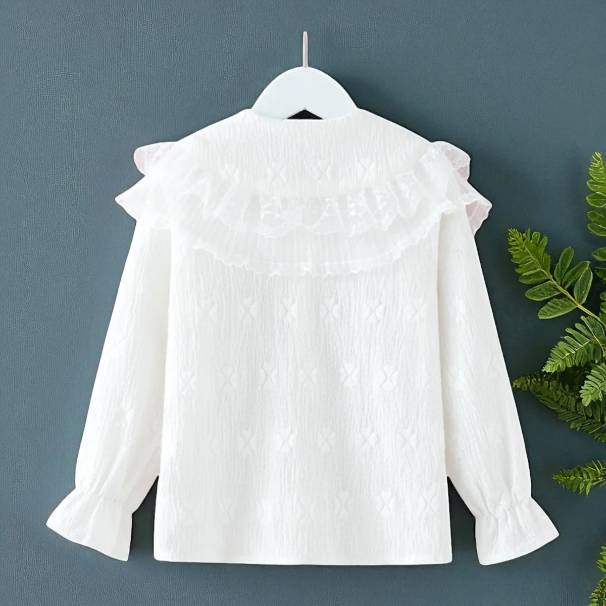 Kids White Blouses Girls Lace Shirts Trendy Kids Button-Up Blouse Long Sleeve Preppy Cotton Girls Clothes Back to School Uniform