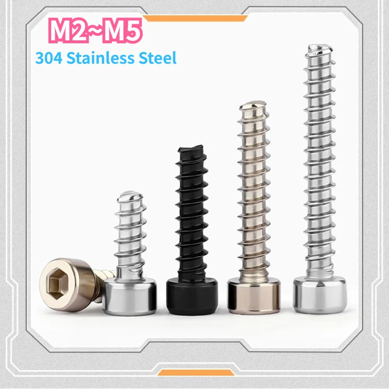 M2 M2.6 M3 M3.5 M4 M5 304 Stainless Steel Cap Round Cylindrical Head Hexagonal Self Tapping Flat Tail Screw Black/Nickel Plate