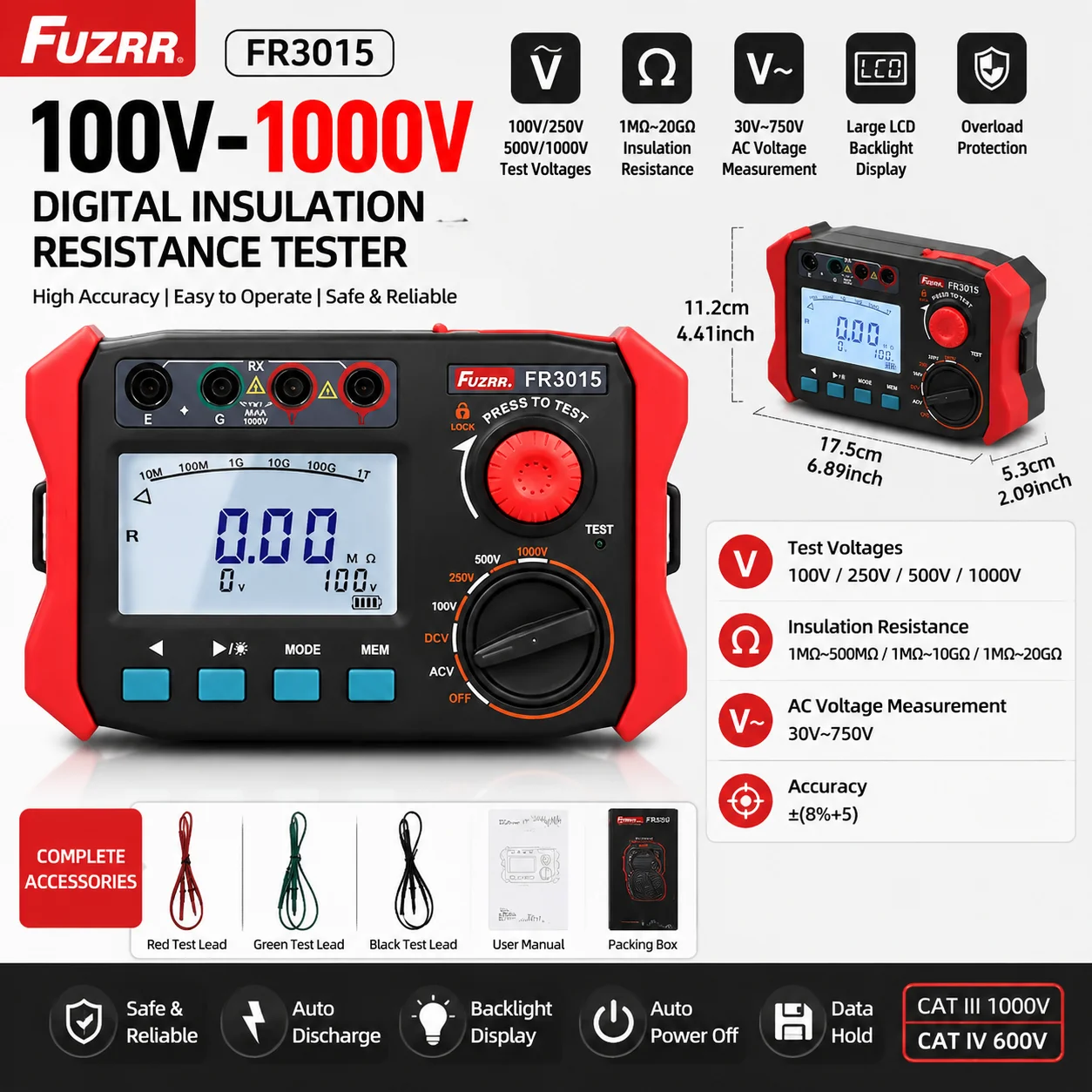 FUZRR Digital Megohmmeter Insulation Resistance Tester 4-Digit Extra Large LCD Display Electrician Ground Earth Tester Tools
