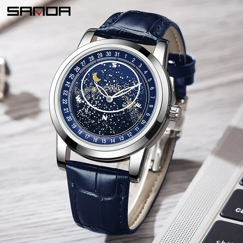 Fashion Sanda Top Brand Automatic Mechanical Men Luxury 2024 New Star Pattern Dial Design Luminous Wrist Watch Relogio Masculino