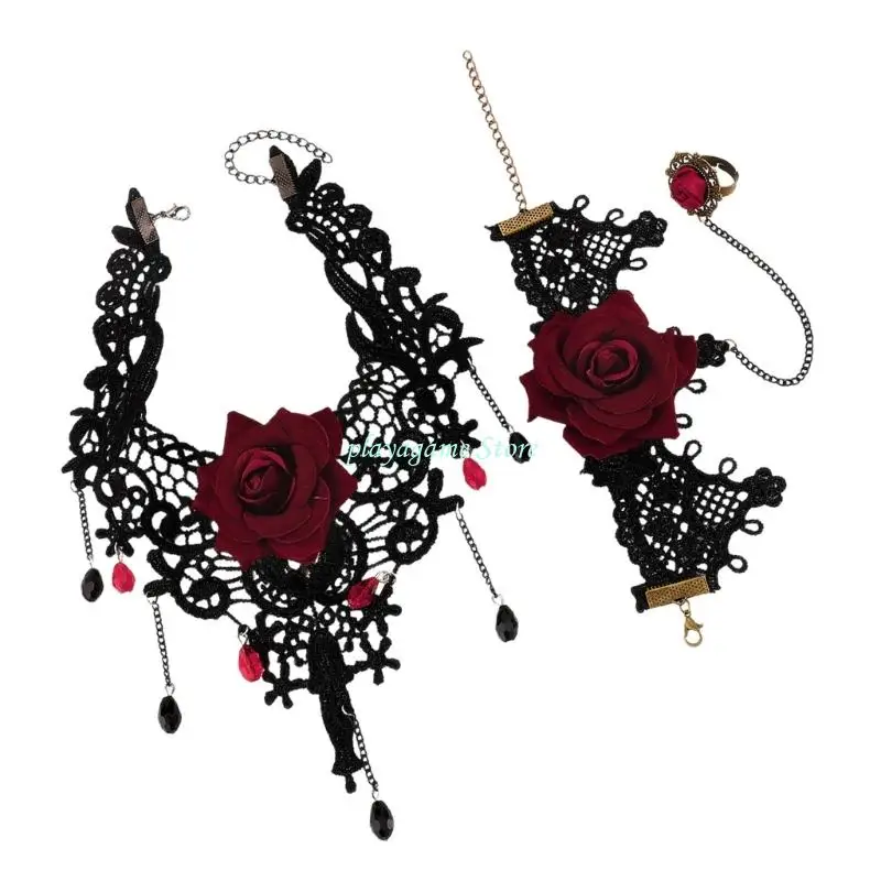 Y88A 2pcs Gothic Lace Choker Necklace Finger Rings Bracelet Halloween Costume Accessories Jewelry for Women Girls Gift