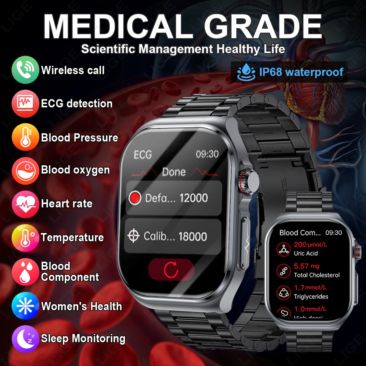 

LIGE Medical Grade Health Smart Watch Men Blood Lipids Uric Acid 2.04'' Screen Watch Women Bluetooth Call NFC Smartwatch ECG+PPG