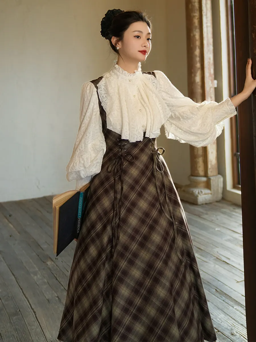 

TIYIHAILEY Autumn Winter Women Dress Sleeveless Long Mid-Calf Ladies S-XL Vintage High Waist Plaid Lace Up 2026 New Fashion