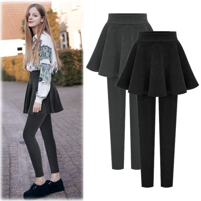 High Waist Leggings A-Line Pleated Skirt + Long Pants Women Winter Fleece Warm Black Leggings Female Plus Size 5XL 6XL