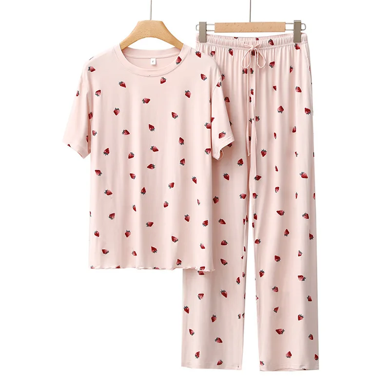 Japanese New Sweet Kawaii Strawberry Printed Pajamas Spring Summer Modal Soft Homewear Suit Loose Casual Femme 2 Piece Sleepwear