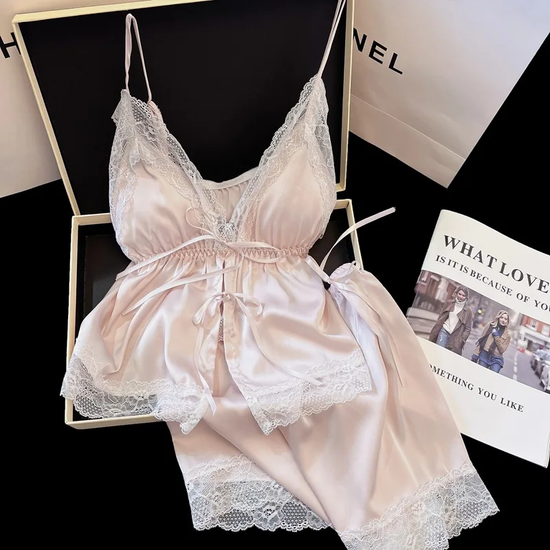 Women's Two-Piece Comfortable Sleepwear with Chest Cushion V-Neck Thin Shoulder Strap Lace Edge Summer Women's Home Sleepwear