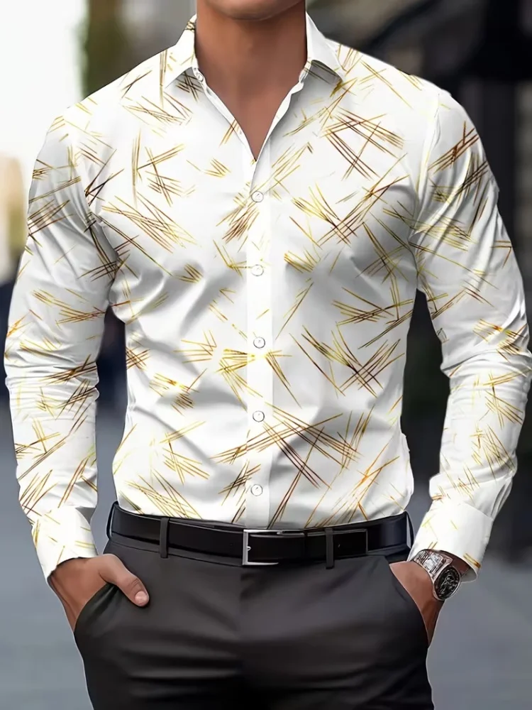 New Trendy Men's Long-Sleeve Shirt: Versatile Casual Top Featuring an All-Over Design of Gold Fleck Lines on a White Background