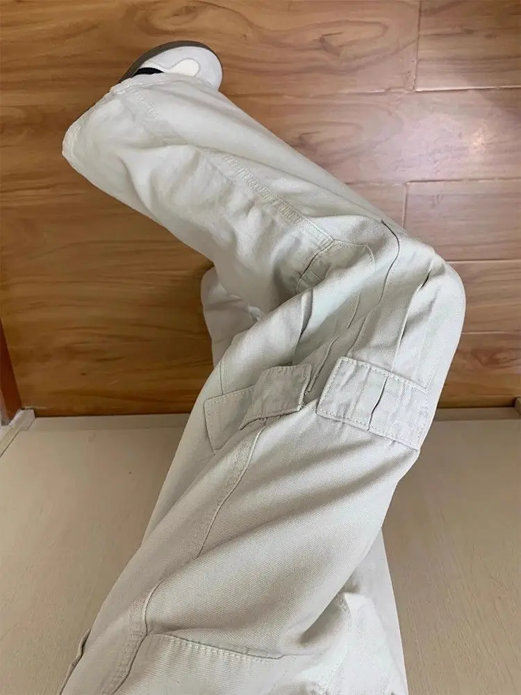 Estilo americano cintura alta carga jeans feminino outono novo bege retro solto perna larga reta calças versáteis