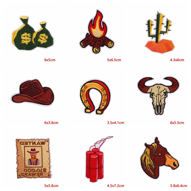 5PCS West Cowboy Patch Horse Boots Bull Head Embroidered Patches For Clothing DIY Cartoon Iron On Patches Jackets Sew Stickers