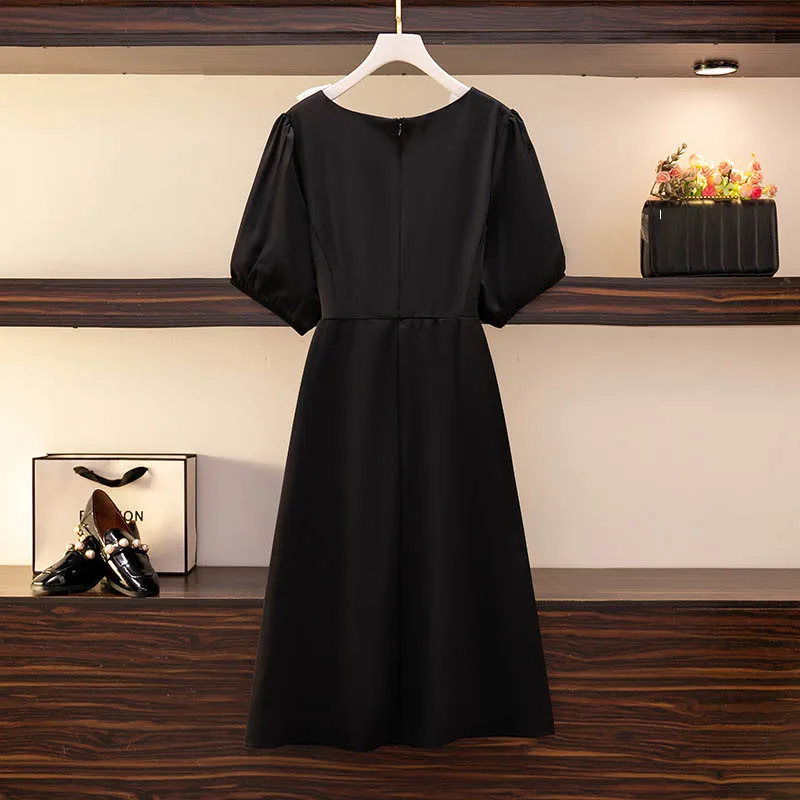 150Kg Plus Size Fashion Women's Bust 150 Summer Loose Bow Short-Sleeved Square Neck Waist Dress Black Pink 5XL 6XL 7XL 8XL 9XL