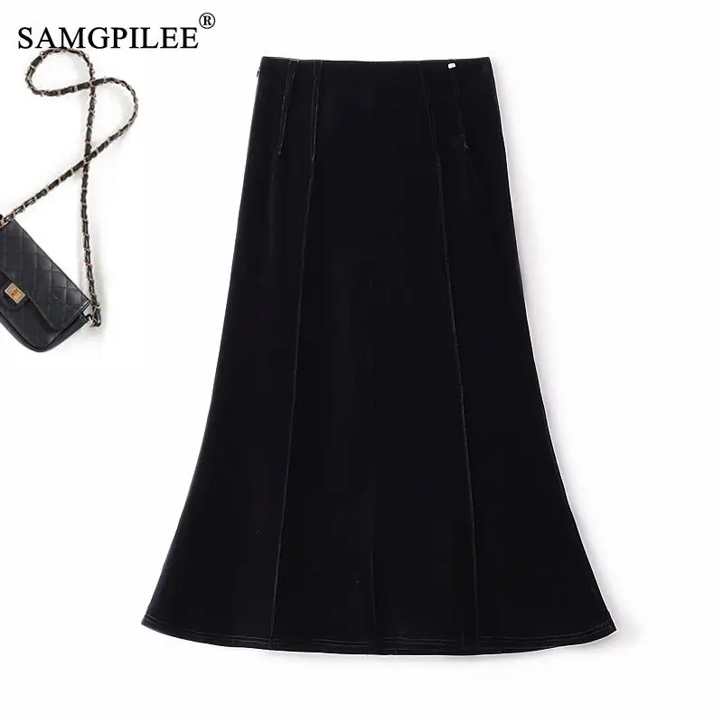 

Black Gold Velvet Skirts For Women 2023 Autumn Winter New High Waist Bag Hip Hepburn Style Mermaid Splicing Female Clothing 4XL