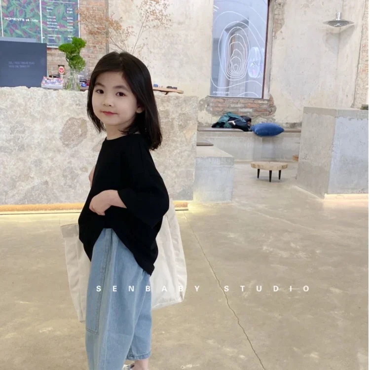 Girls\' Jeans Autumn 2021 New Children\'s Pure Color Simple Casual Korean Loose Cotton Denim  Ankle-length Girls Pants