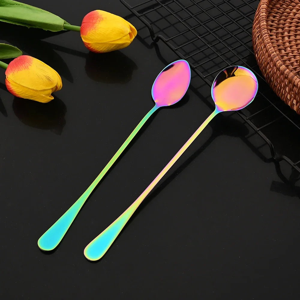 4Pcs Long Handle Ice Spoon Coffee Tea Stir Spoon Stainless Steel Rose Golden Cutlery Set Dinnerware Kitchen Dinner Tableware Set