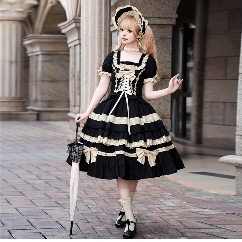 Japanese Elegant Vintage Style Lolita Jsk Dress Women Kawaii Bow Flower Print Cosplay Dresses Sweet Girl Gothic Y2k Strap Dress