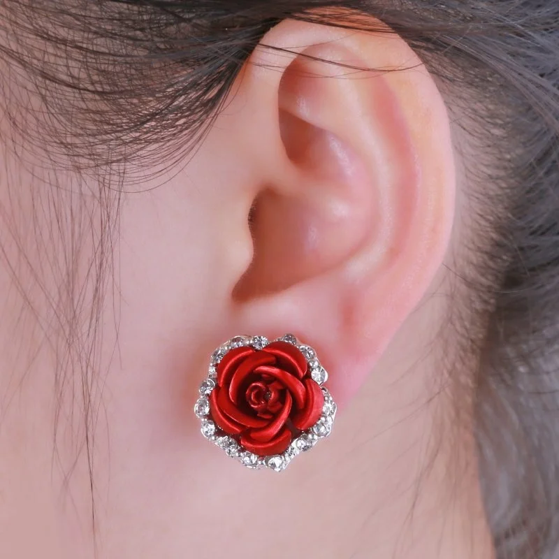 Rose Shaped 4 Color Alloy Rhinestone Stud Earring Rose Ear Clip StonegoWomen's New Silver Plated Crystal Roses Stud Earrings