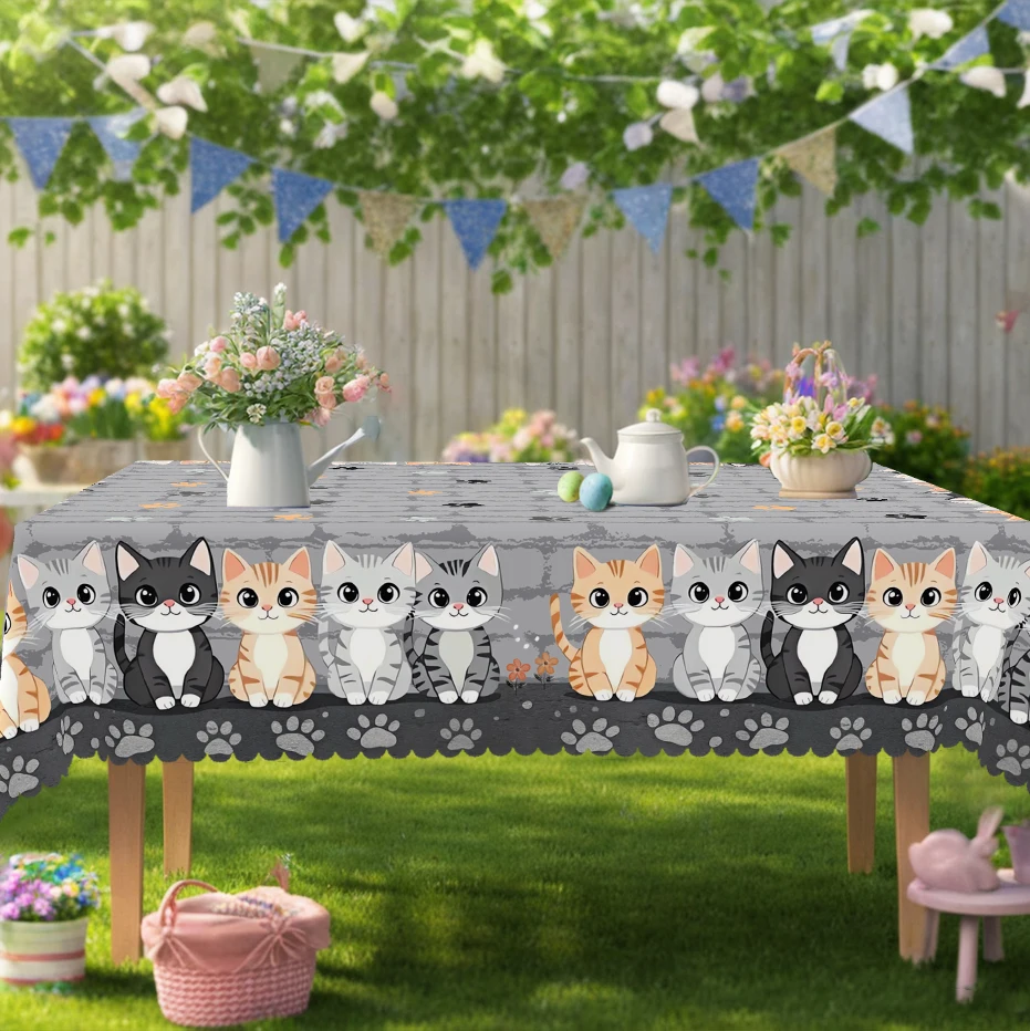 

1 Piece of Gray Retro Cute Cat Print Rectangular Tablecloth, Spring Cat, Cat Paw, Stone Pattern Round Tablecloth, Party Decoration, Home Kitchen Table Cover, Indoor and Outdoor Use, Family Decoration, Gift for Family and Friends