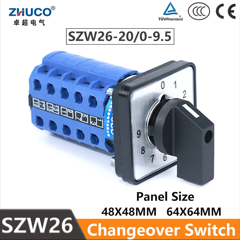 

ZHUCO SZW26/LW26-20 20A 660V 10 Position 5 Phase 20 Screws Control Rotary Universal Changeover Cam Switch 64X64/48X48 mm Panel