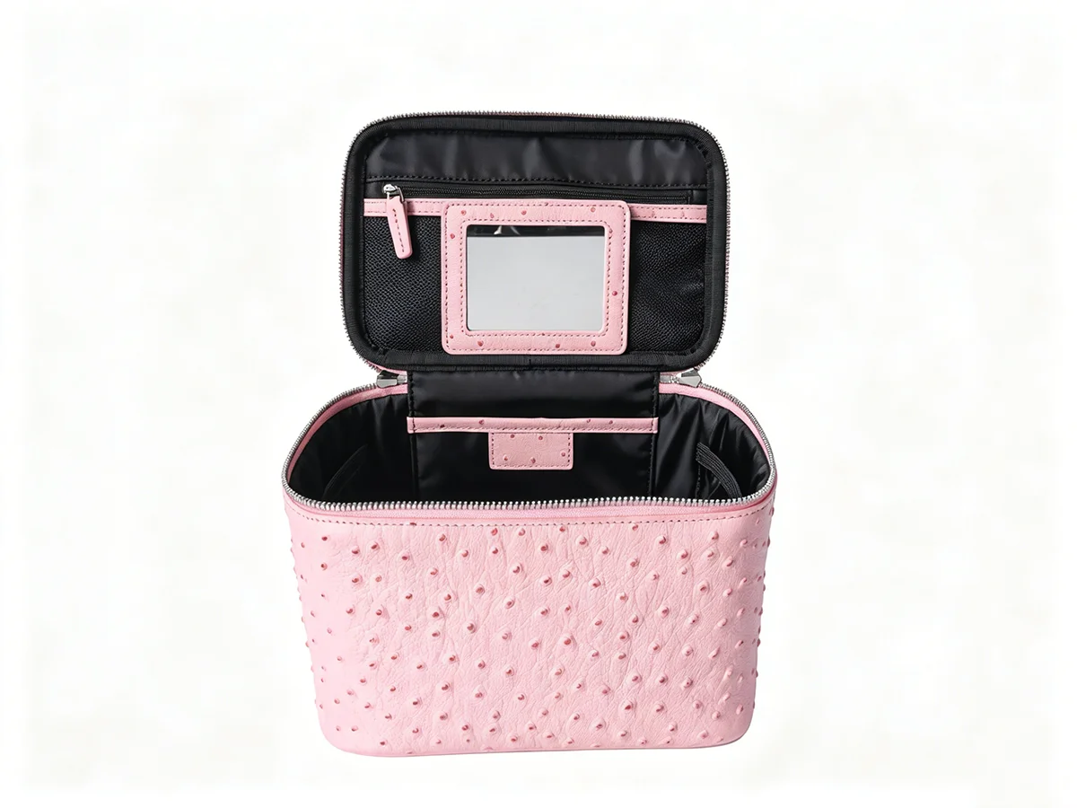 Neue Kosmetiktasche aus echtem Leder mit Straußenmuster, Damen-Kulturtasche, große Kapazität, luxuriöser Badezimmer-Organizer – Detail 8