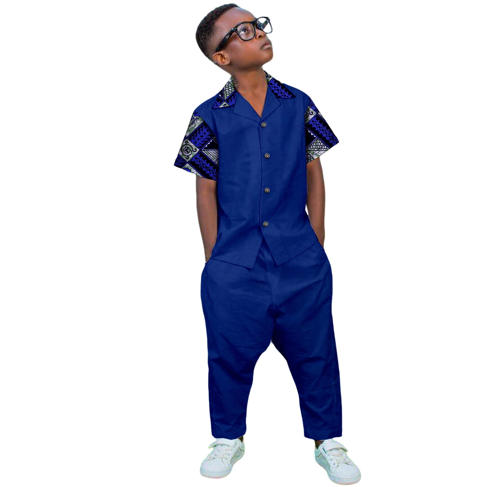 

African Kids Attire Print Kente Outfits Short Sleeve Shirt And Pants 2 Piece Set Traditional Ankara Dashiki For Boy