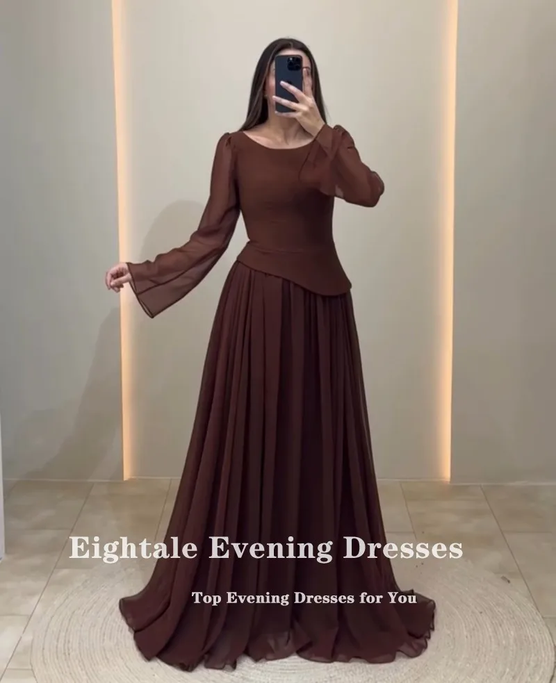 Eightale アラビア語イブニングドレス スクープ カスタマイズされた A ライン フロアレングス シフォン ブラウン 長袖 プロム ウェディング パーティー ドレス