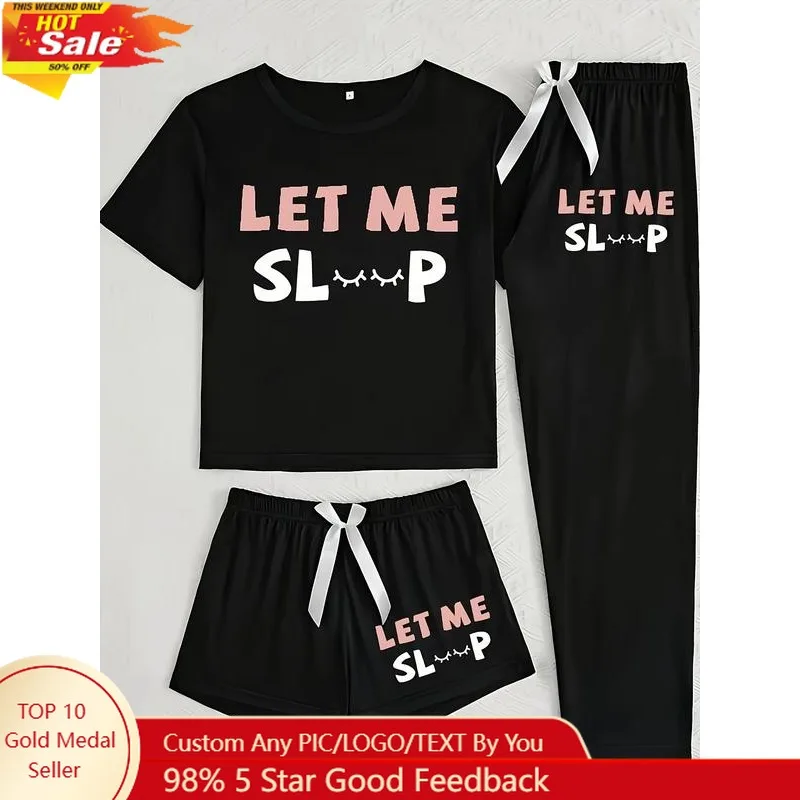 Pigiama casual da donna con stampa di lettere, pigiama in tre pezzi per tutte le stagioni, tessuto Kint aderente, indumenti da notte comodi