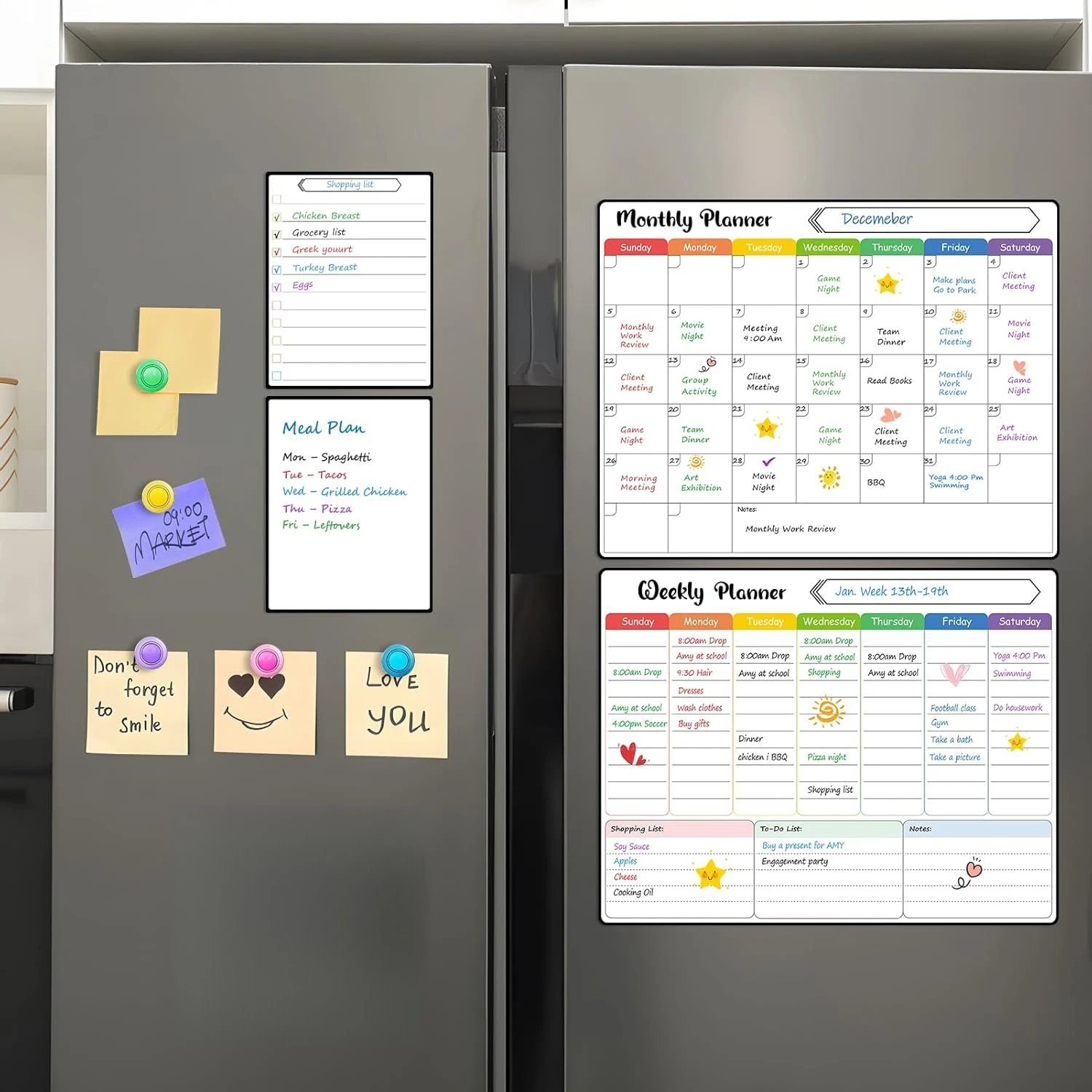 4 Pack Magnetic Fridge Calendar Set, 15 x 11.5 Dry Erase Whiteboard Calendar Refrigerator, Includes Monthly, Weekly, List and Sm