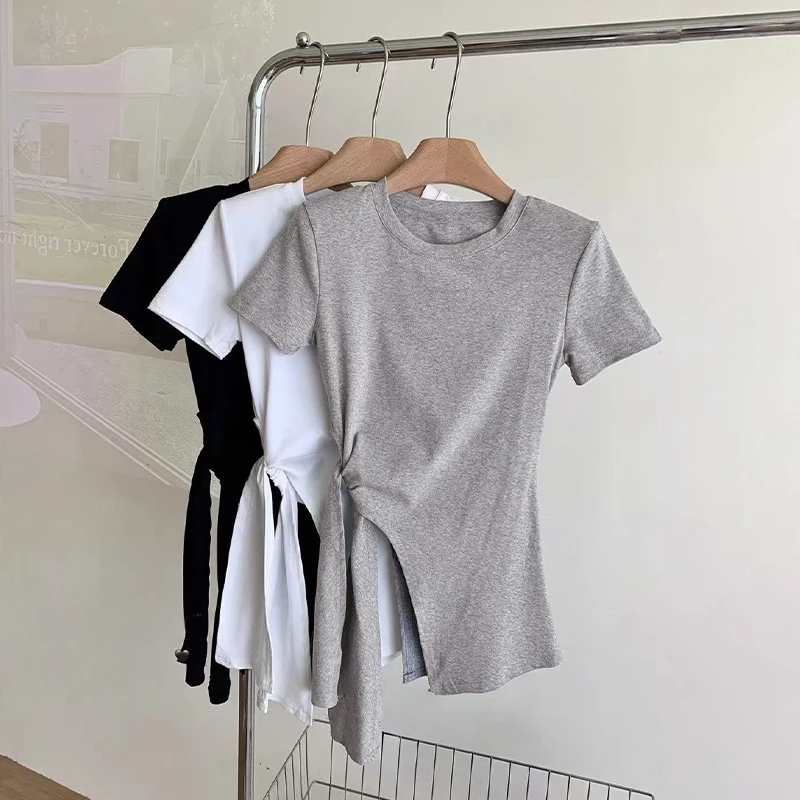 

Летняя корейская однотонная тонкая футболка с короткими рукавами и нерегулярной шнуровкой для женщин