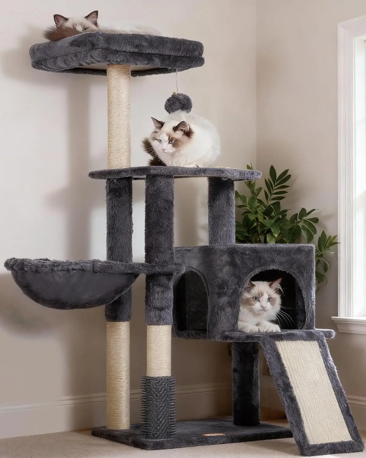 

Cat Tree with Self-Groomer Brush, Tower Condo for Indoor Cats, Plush Perch and Basket, Smoky Gray