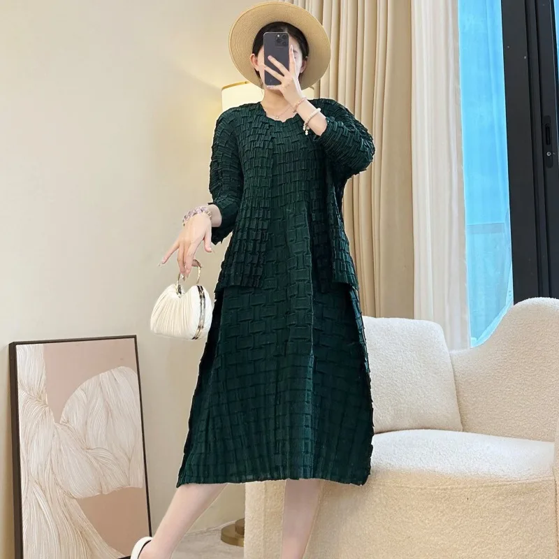 مياكي مطوي المرأة سترة علوية سترة طويلة الأكمام جديد بسط فستان أنيق 2 قطع كبيرة الحجم مزاجه أضعاف تنورة طويلة