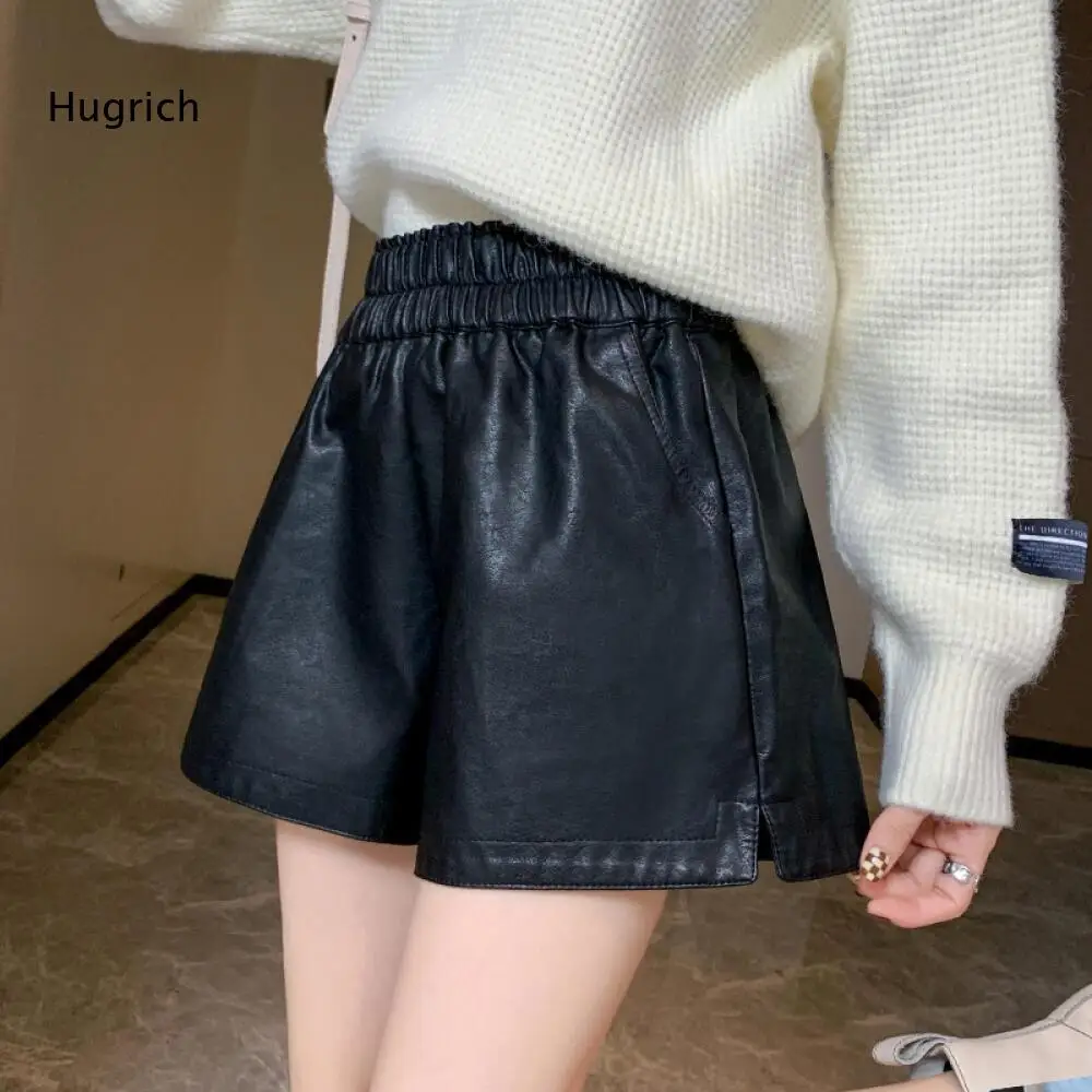 Faux Leather Loose Wide Leg Shorts Women Elastic High Waist Side Pockets Decor Simple Street Style Short Pants For Cool Weather
