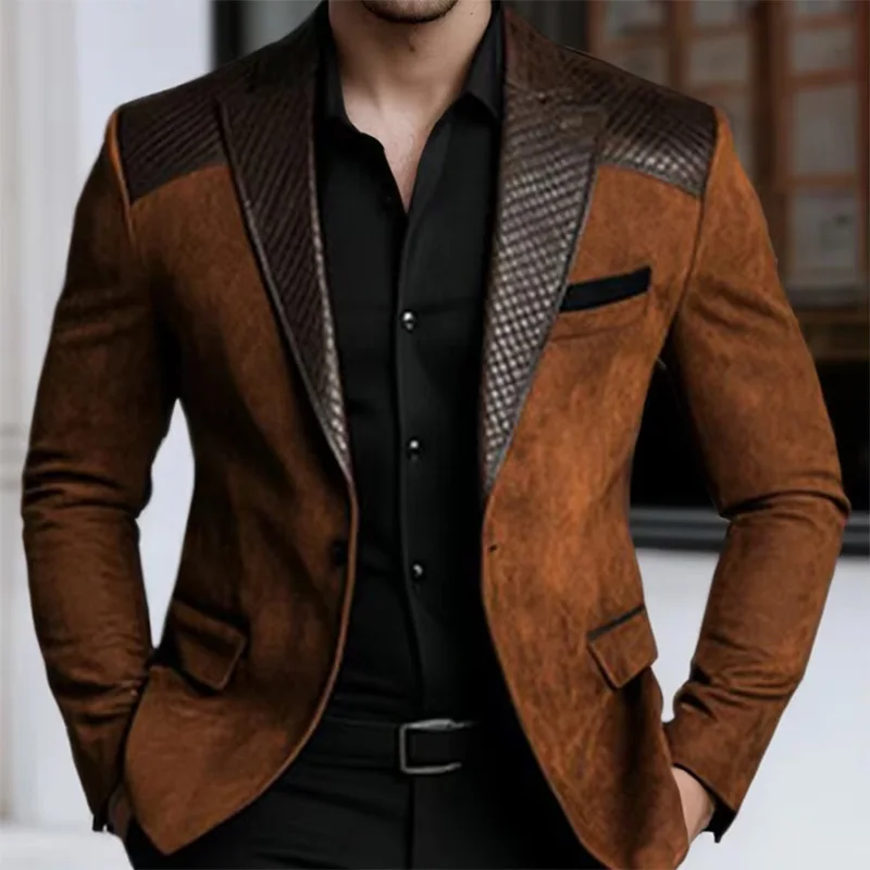 Men's Brown Blazer Jacket Fake Suede Leather Patchwork Black Accents Lapel Long Sleeve Formal Business Casual Man Suit Jackets