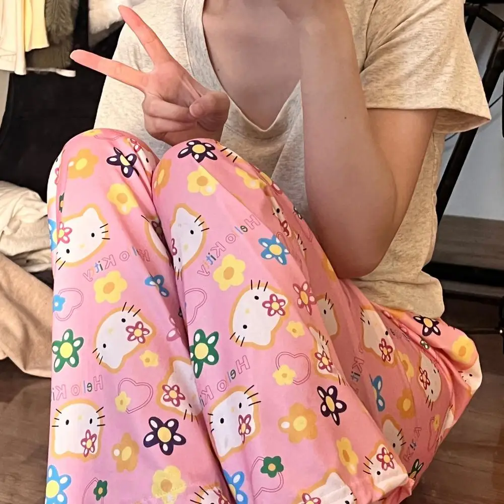 

Anime Hello Kitty Pajama Pants Sanrio Cartoon Summer Home Casual Trousers for Women Kawaii Cotton Loose Casual Walk Dance Pant