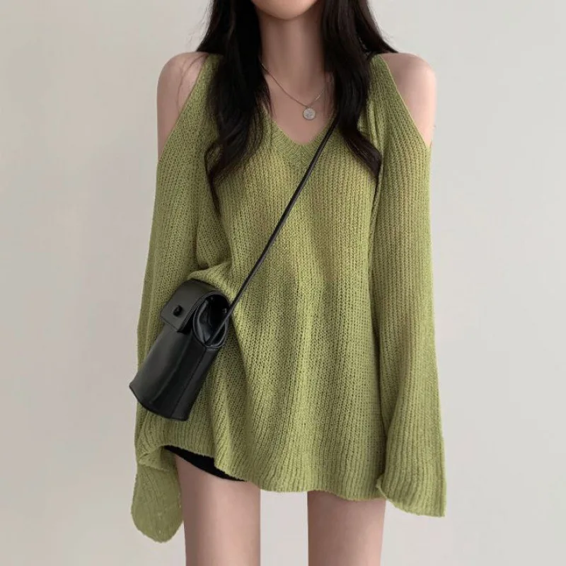 White Off Shoulder Thin Sweater for Women Autumn Winter Trend Korean Style Knitwear O Neck Loose Oversized y2k Pullover