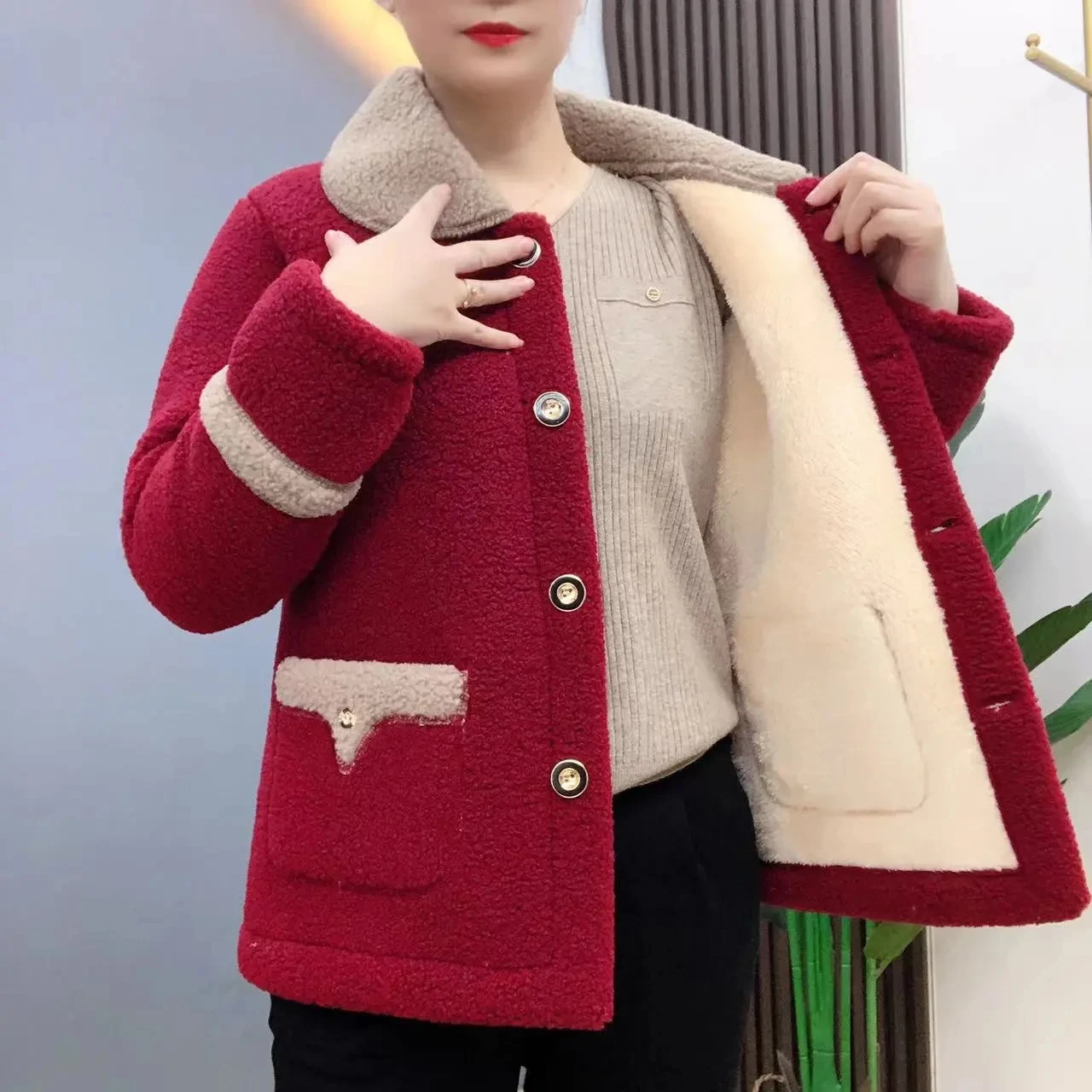 2023 Mother Winter Women Fur Lambswool Polar Fleece Plus Velvet Cotton Padded Jacket Coat 5XL Overcoat Female Outerwear Parkas