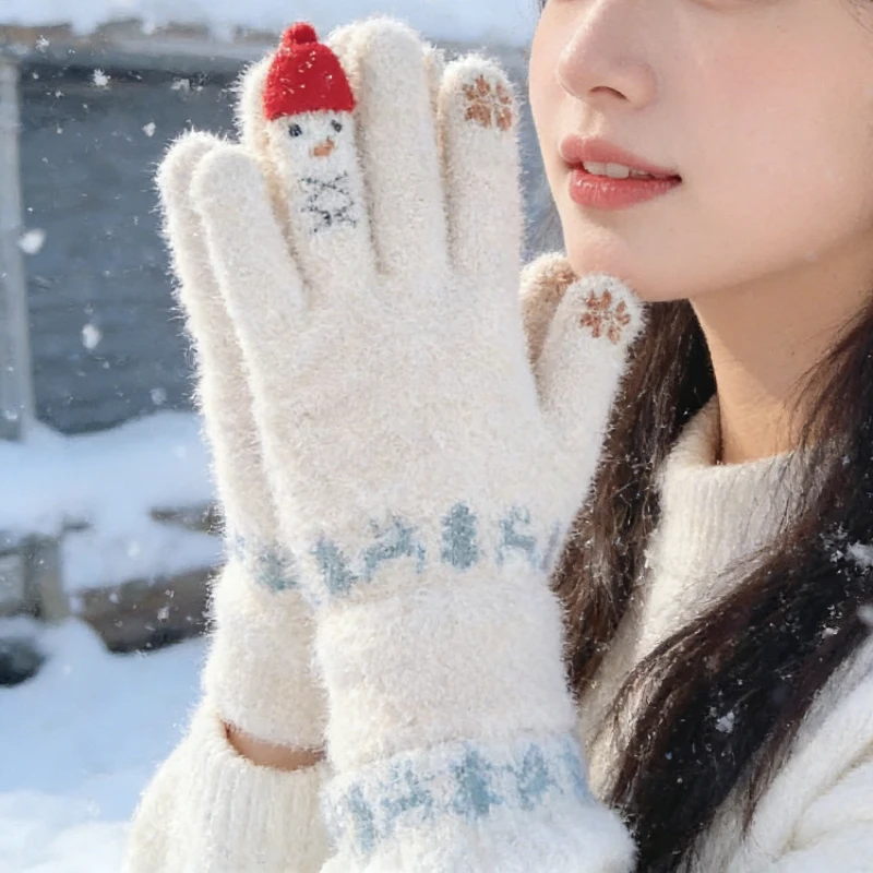 Winter-Damen-Strickhandschuhe, niedlicher Schneemann, Touchscreen, dick, warm, winddicht, kältebeständig, Fünf-Finger-Handschuhe, Outdoor-Vollfingerhandschuhe