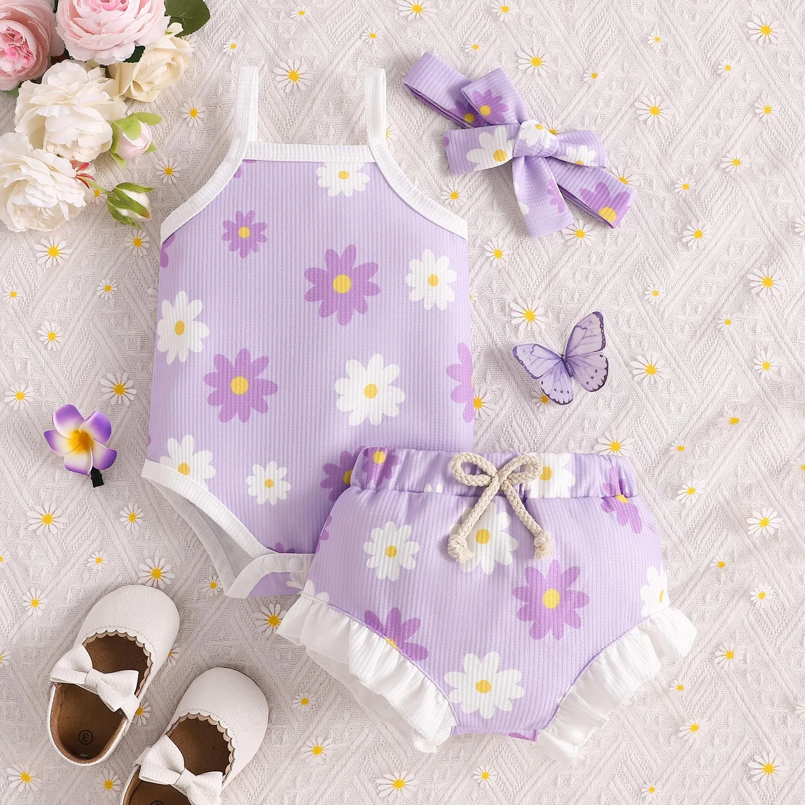 0-24Months Newborn Baby Girls Summer Clothes Sets Sleeveless Ruffles Ribbed Romper Bodysuit Print Shorts Headband Infant Outfits