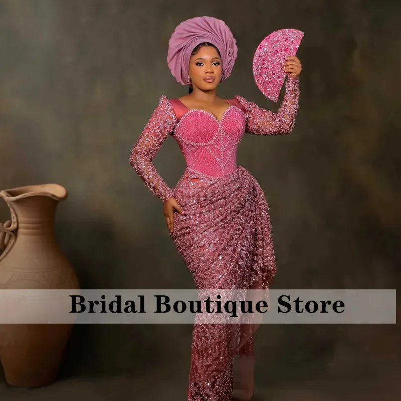 

African Luxury Beading Lace Birthday Dress Black Women Full Beaded Wedding Reception Dresses Second Gown Nigerian Bridal Dress