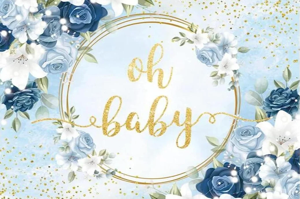 Blue Flowers Oh Baby Shower Party Backdrop Watercolor Modern Boy Girls Floral Photography Background Cake Table Banner