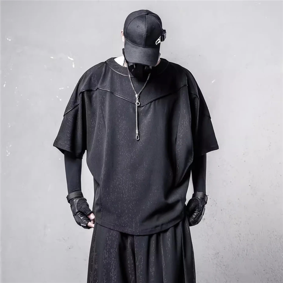 

Patchwork Bat Sleeve T Shirt Mens Streetwear Hip Hop Punk Short Sleeve T-shirts Oversized Harajuku Vintage Casual Tees Tops Male