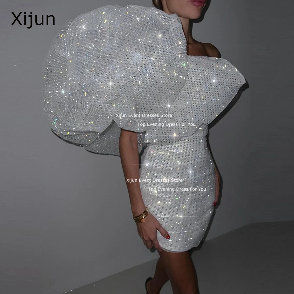 Xijun Glitter One Shoulder Evening Dresses Puff Sleeves Mini Cocktail Dresses Night Club Prom Dresses Formal Birthday Party Gown