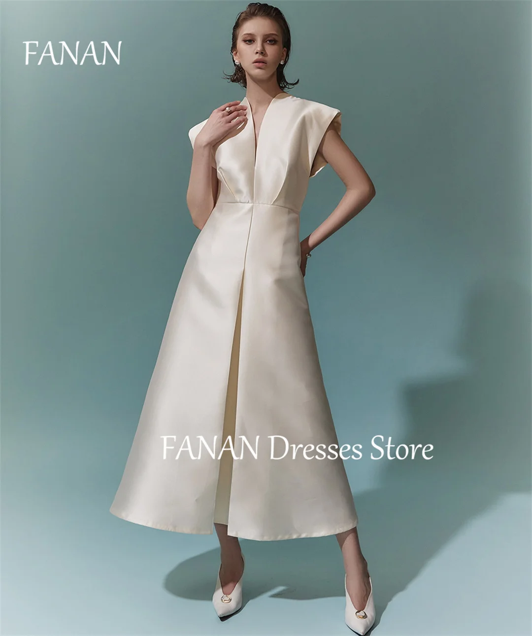 

FANAN V Neck Satin Beige Fashion Evening Party Dresses Customized Japan A-Line Vintage Women Formal Gowns Event Prom Gowns