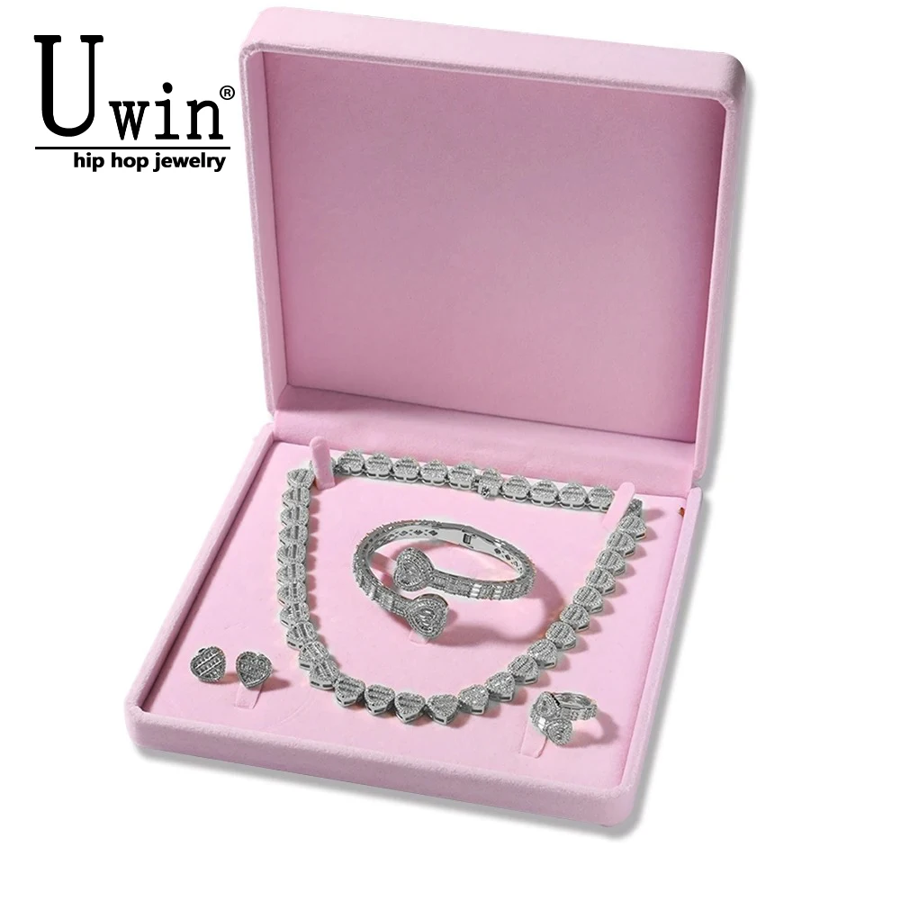Uwin Baguettecz Heart Jewelry Set Full Iced Cubic Zirconia Love Style Collections Earring Ring Necklace Jewelry Set
