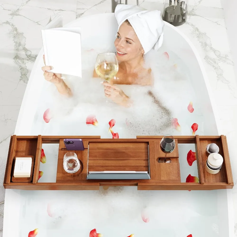 Nampan Bak Mandi Kayu Jati yang Dapat Diperluas dengan Tempat Gelas Anggur & Buku - Rak Mandi Kayu yang Dapat Disesuaikan untuk Pengalaman Spa yang Menenangkan