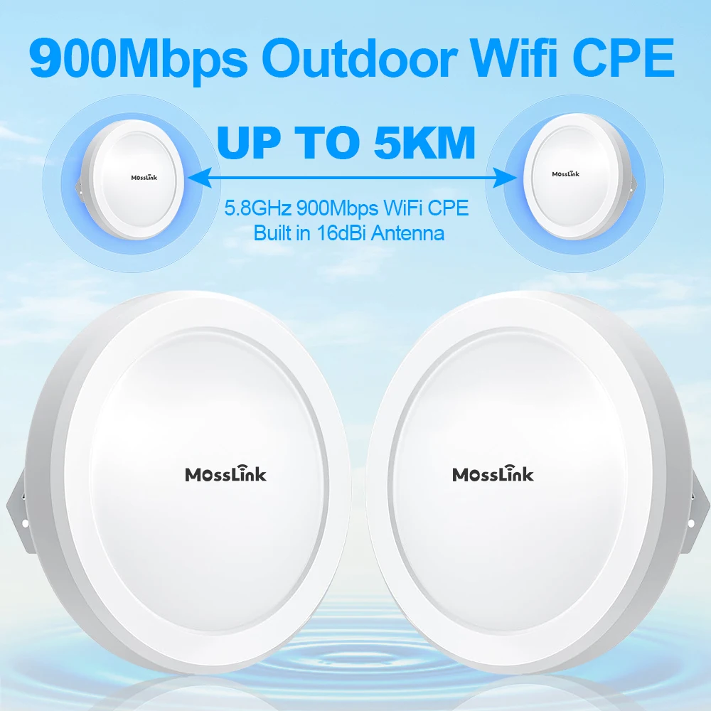 Mosslink 5.8G Outdoor PtP WiFi Bridge 900Mbps 5KM Transmission Range CPE Bridge 16dBi Antenna Access Point Wireless Bridge PoE