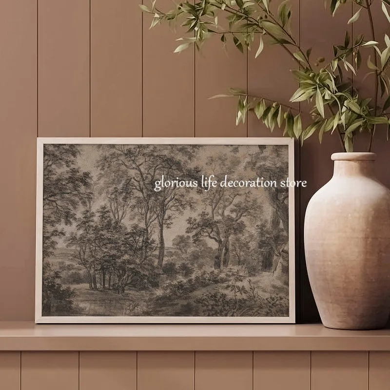 Antique Moody Woodland Landscape Vintage Poster Brown Dark Forest Tree Canvas Printing Wall Art Picture Farmhouse Home Decor