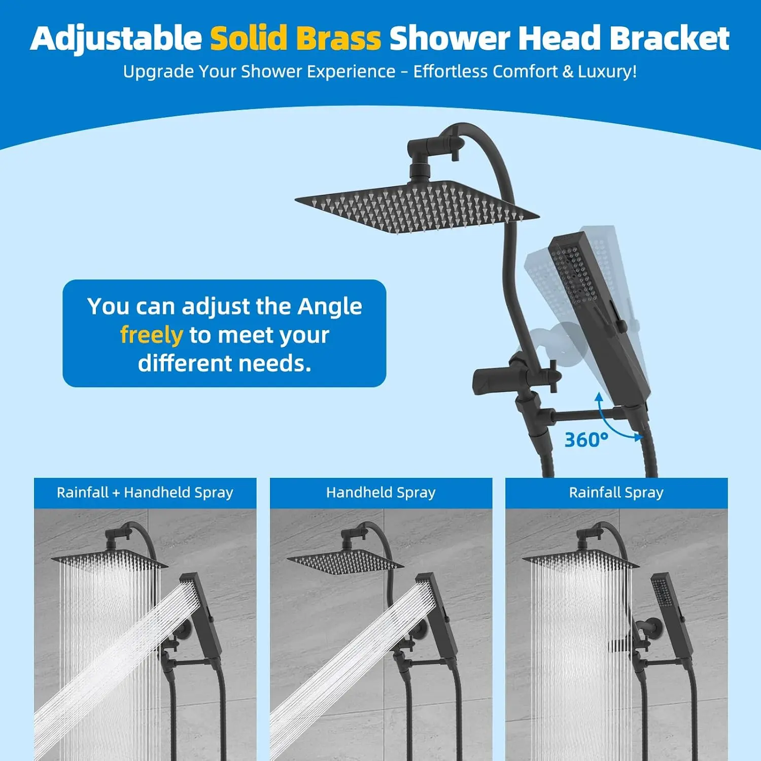 All Metal cUPC Certified Rainfall Showerhead Combo with Handheld Wand, 12'' Arm, 4-Spray Modes