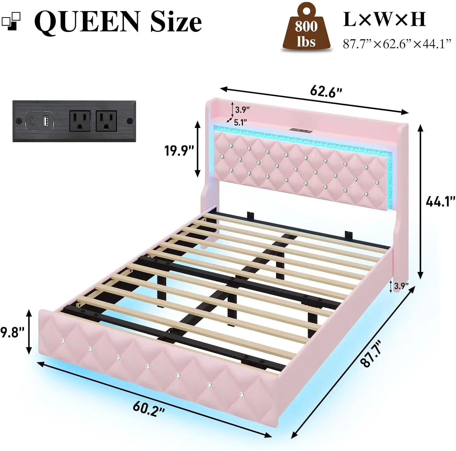 Floating Queen Bed Frame with LED Light, Upholstered Platform Queen Bed with Diamond Tufted Storage Headboard & Footboard, PU Le