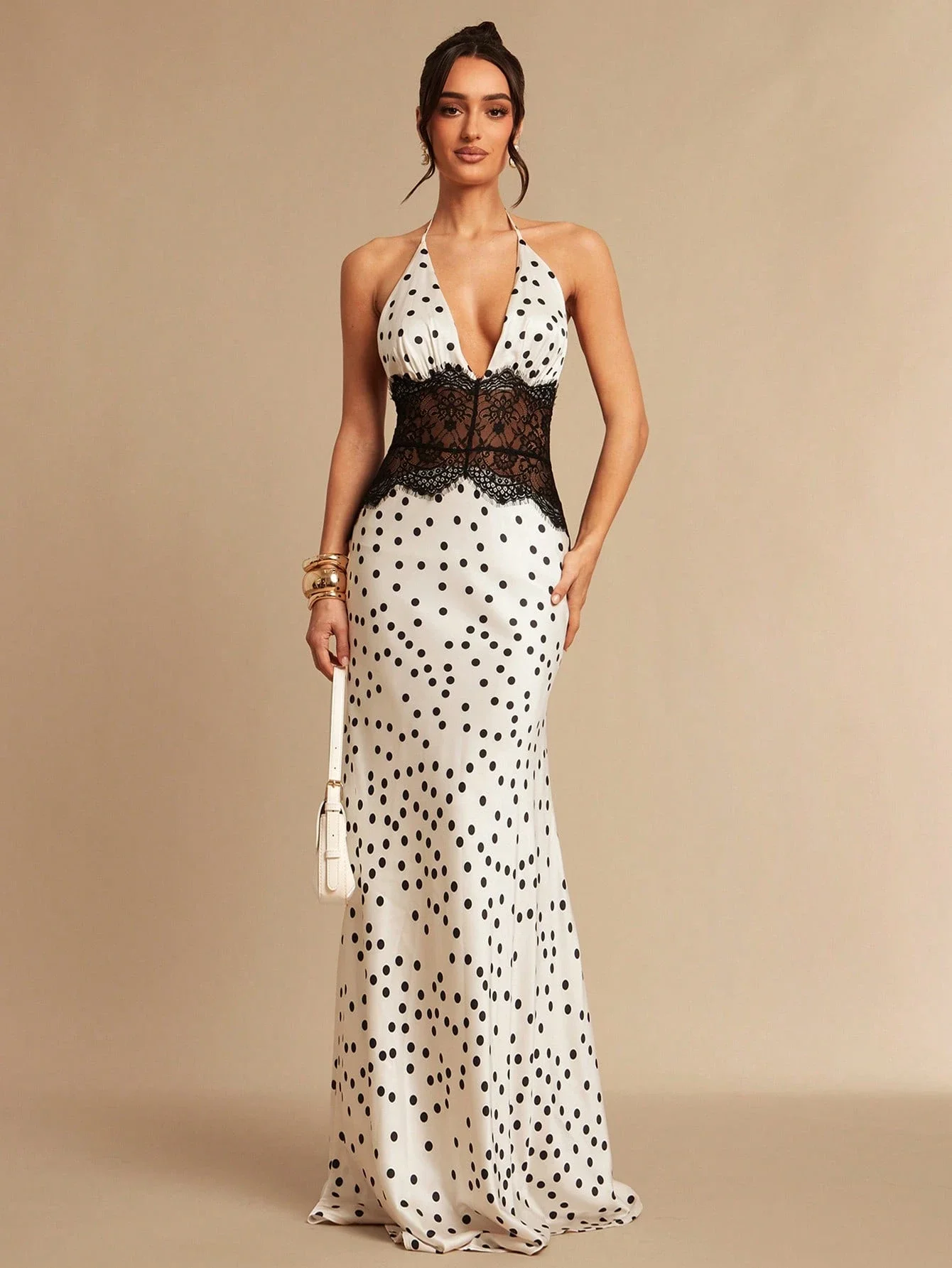 White Black Polka Dot Halter Maxi Dress With Lace Waist, Deep V Neck Sheer Backless Fishtail Gown For Party Wedding Evening