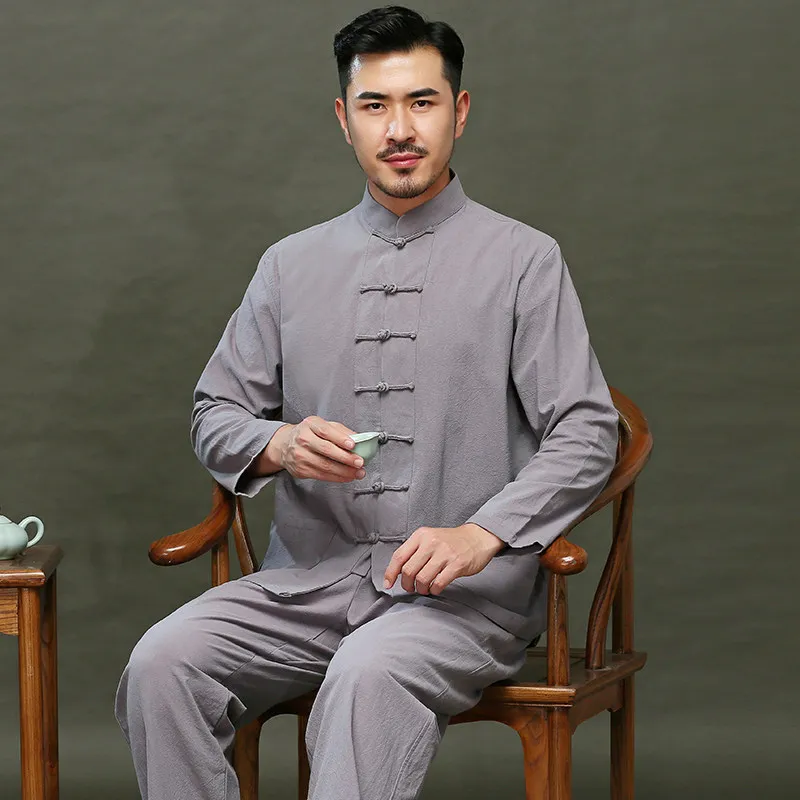 Men's Tang Suit Spring Autumn – Linen Cotton Long Sleeve Two-Piece Set,Chinese Retro Style with Frog Buttons, Traditional Wear
